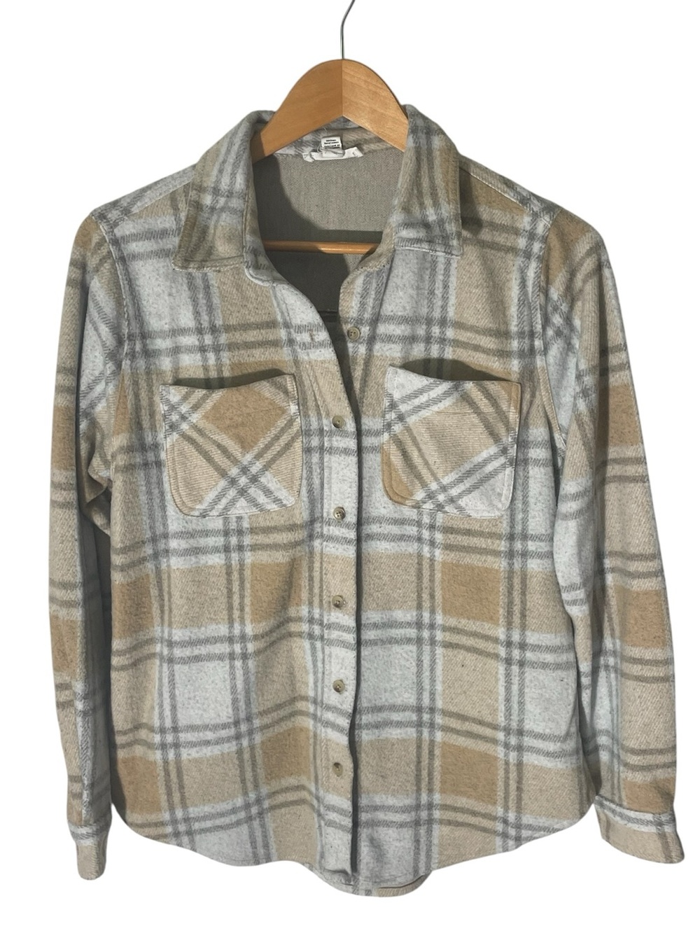 C38- Small beachlunchlounge Plaid Button-Up Jacket in Tan and Gray